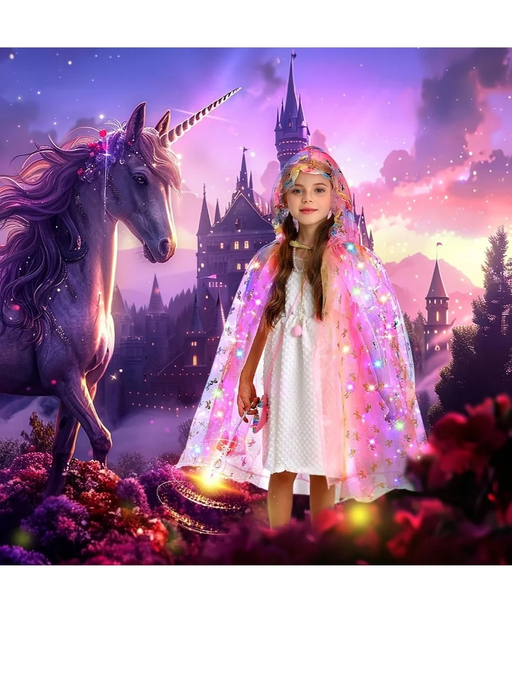 Girls' Pink Unicorn Cape Costume with Hood Can Add More Fairy Lights Halloween